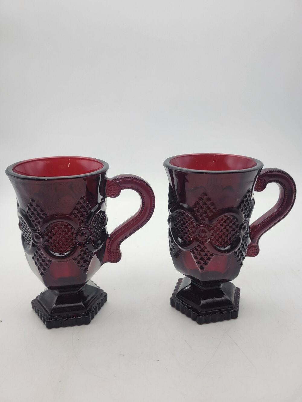 Set of 2 Vintage Avon 1876 Cape Cod Ruby Red Glass Mugs Pedestal Cups 4 7/8"
